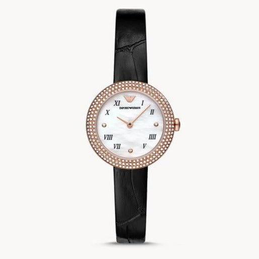 Emporio Armani Rosa Quartz Mother Of Pearl White Dial Black Leather Strap Watch For Women - AR11356 - Image 6